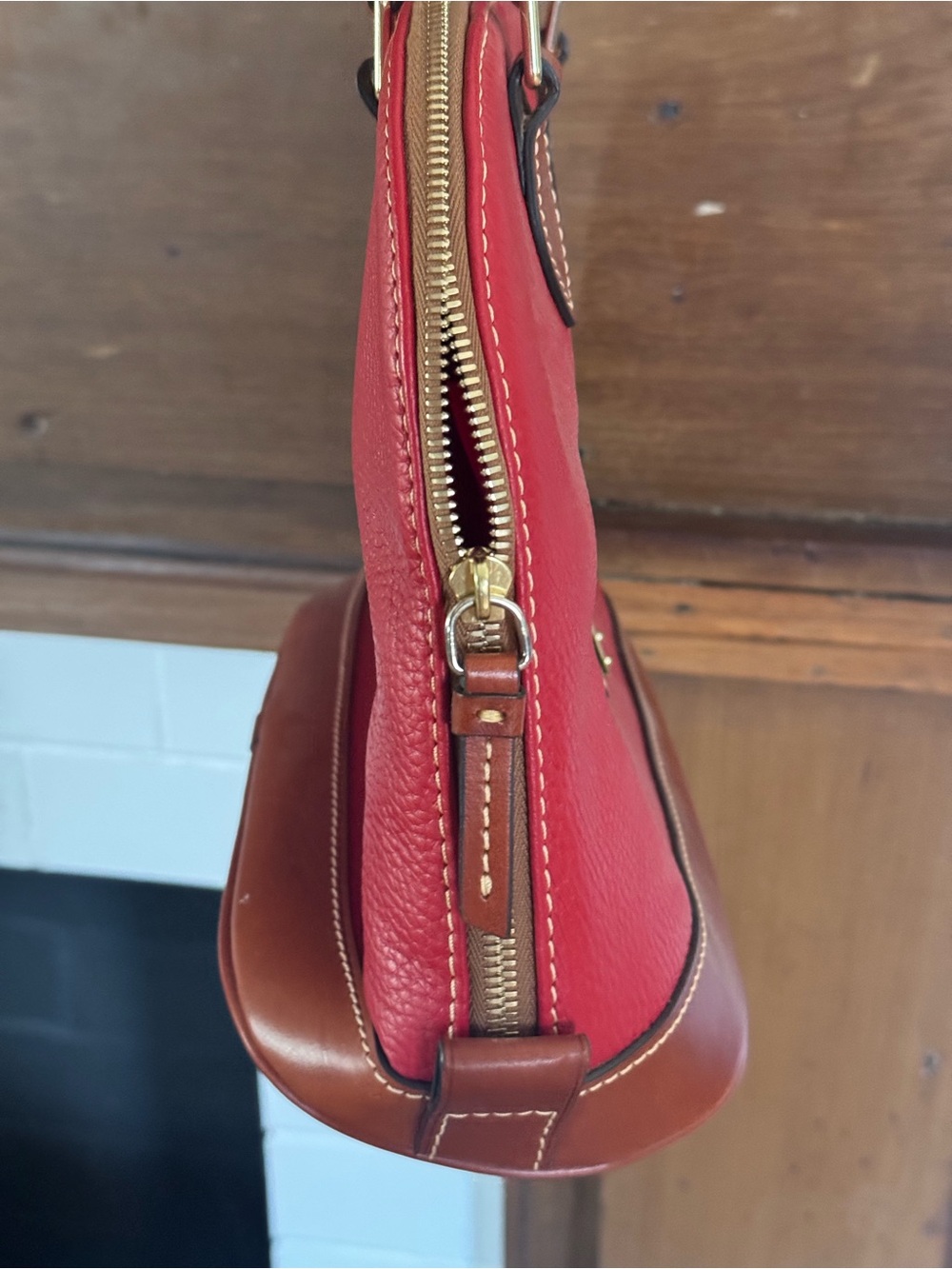 Dooney & Burke Red Dome Satchel Handbag with Tan Trim - Picture 4 of 14